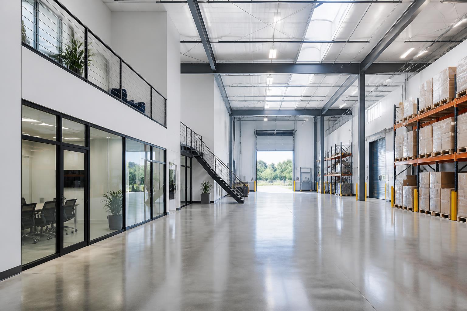 Bright, modern light-industrial facility interior with polished floors and clean warehouse space